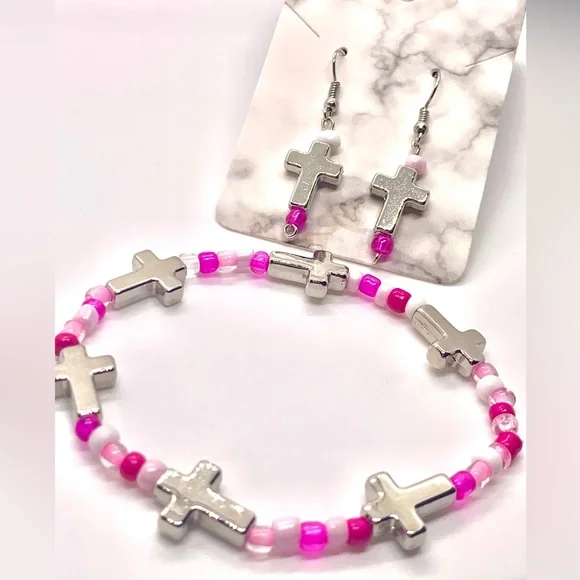 Pink, white, & Clear Cross Beaded Jewelry Set - Picture 1 of 1